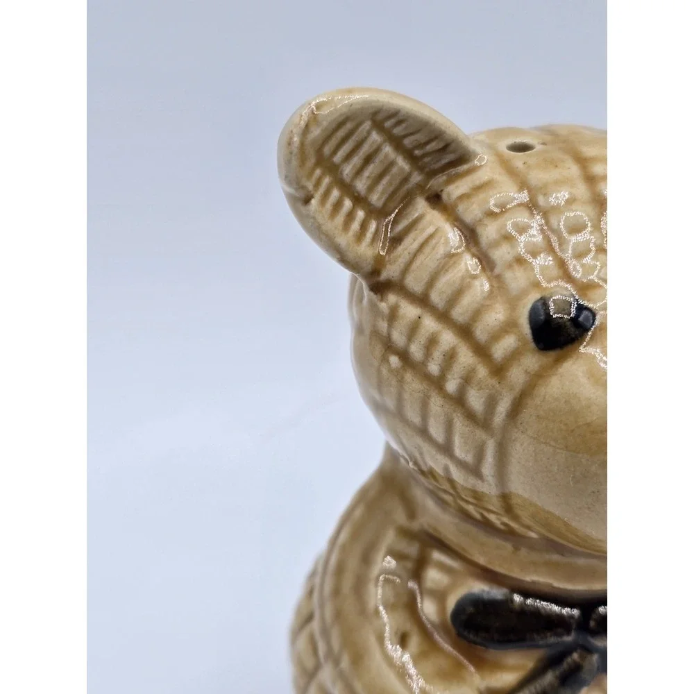 Vintage Ceramic Teddy Bear Salt Pepper Shakers Brown Quilted Look With Black Bow